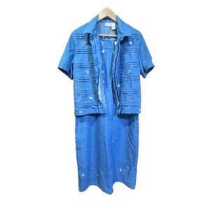 Vtg Cricket Lane Denim Jumper Dress W/Jacket Large Y2K Floral Embroidered Mature